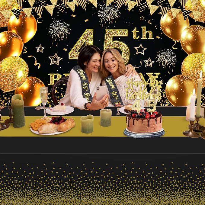 45th Birthday Decorations Men Women with 45th Birthday Banner, Black and Gold Table Cloth, Number Balloons, Large Sash, Cake Topper and Candles