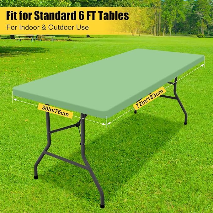 Smiry 3 Pack Rectangle Table Cloth, Elastic Fitted Flannel Backed Vinyl Tablecloths for 6ft Folding Tables, Waterproof Wipeable Table Covers for Outdoor, Camping and Picnic (Sage Green, 30"x72")