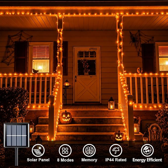 QITONG 4 Pack Solar Halloween Lights, Each 33ft 100 LED Orange Fairy Light Outdoor Waterproof, 8 Modes Silver Wire Christmas Twinkle Mini String Lights