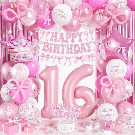 Sweet 16th Pink Bow Birthday Decorations for Girls, Coquette Party Decor Include 40 Inch Number 16 Crown Star Balloon Double Stuffed Balloon Pastel Pink Bows Cake Topper Birthday Banner Fringe Curtain