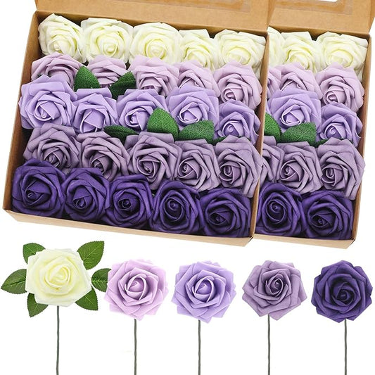 50 Pcs Artificial Foam Rose Flower Faux Bouquet Wedding Fake Rose Gift for Mother's Day Women DIY Bridal Shower Party Table Birthday Home Spring Decor (Shades of Lavender)