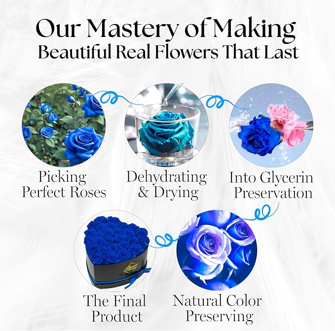 GLAMOUR BOUTIQUE 27 Flower Forever Heart Shape Box, Mothers Day Gift For Mom, Eternal Preserved Roses Gift for Her, Flowers bouquet, For Birthday, Anniversary, Girlfriend - Blue (Color-Treated)