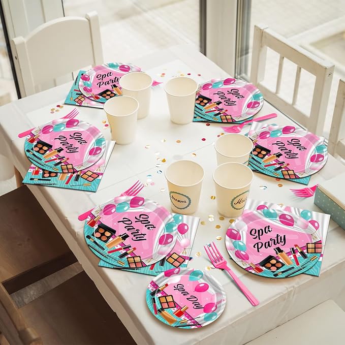 Kepeel 96 Pcs Spa Party Plates and Napkins Set, Spa Day Makeup Party Supplies Decorations for Girls Kids Princess Sweet Pink Make up Theme Birthday Party Tableware Kit, Serves 24