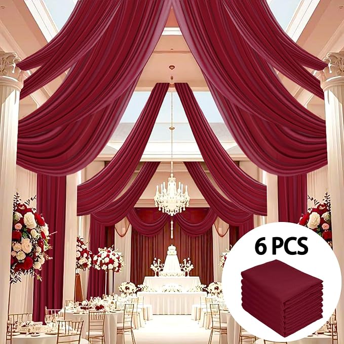 DUOBAO Burgundy 5x20ft Chiffon Ceiling Drapes 6pc Elegant Sheer Wedding Backdrop Curtains Ideal for Tent, Banquet Hall, and Photography
