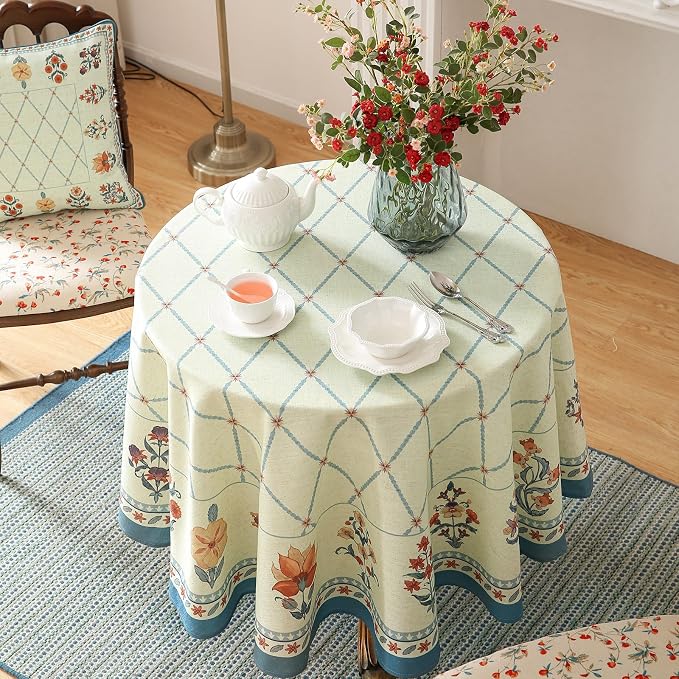 ISAENNE Designer Vintage Round Linen Tablecloth,Diameter 55"-Floralsea B | French Elegant Beautiful Durable Printed Table Cloth,Floral Pattern,Decoration,Heavyweight,Dining,Kitchen,Thanksgiving