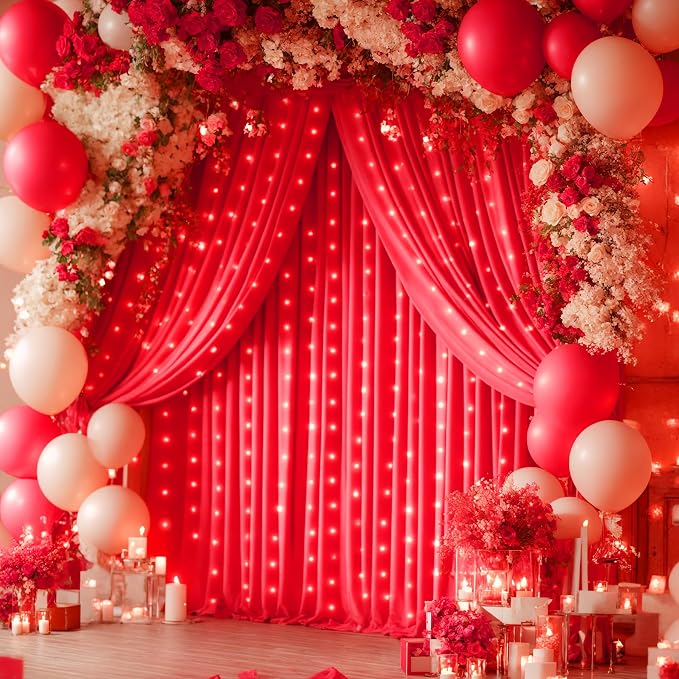 Red Backdrop Curtains with Lights for Parties,10x10FT Wrinkle Free Red Photo Backdrop Curtains for Wedding Baby Shower Birthday Ceremony Reception New Year Decorations-5ft x 10ft,2 Panels