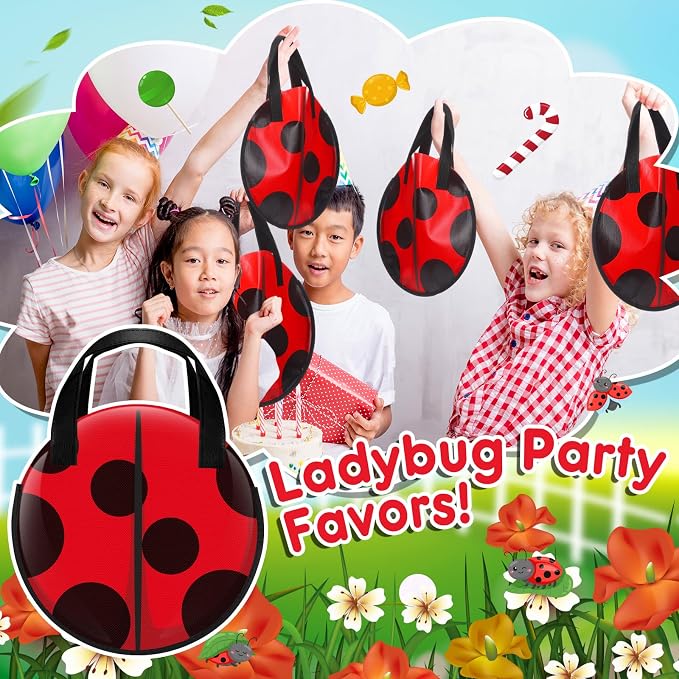 Locmeo 28 Pcs Ladybug Party Favors Birthday Gift Bags Bulk Non Woven Lady Bug Candy Treat Bags with Handle Red Black Polka Dots Goodie Fillers Classroom Prize for Holiday Supplies Decoration