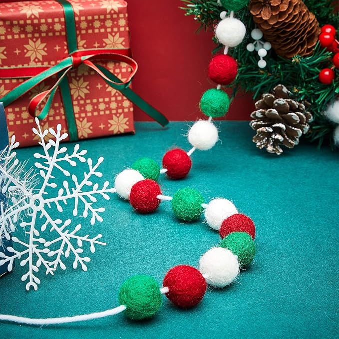 WILLBOND 2 Pieces Wool Felt Rainbow Ball Garland Colorful Pom Pom 6.5 ft Long 24 Ball Garland for Easter Mardi Gras Classroom Halloween Thanksgiving Xmas (Red,White,Green)