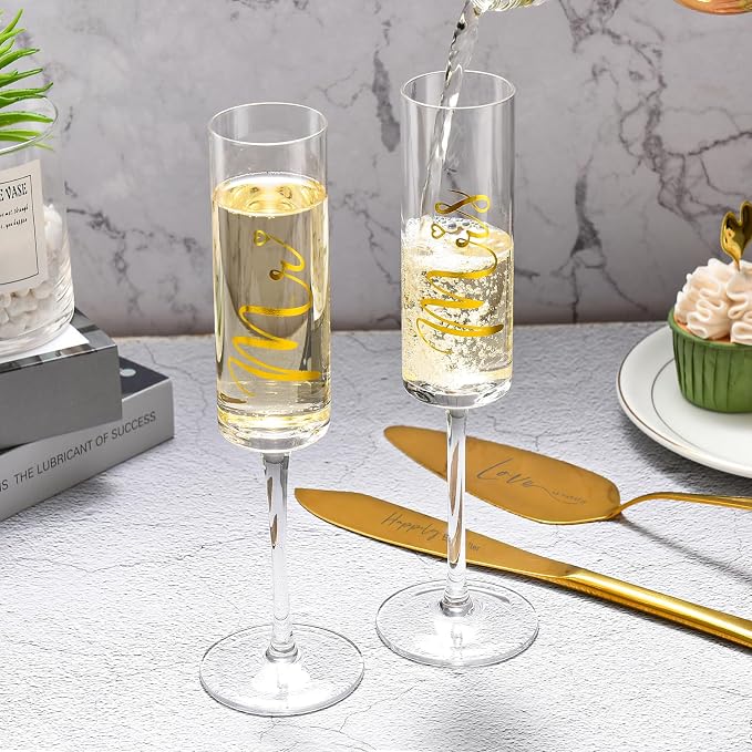ROXBURGH Wedding Cake Knife and Server Set, Bride and Groom Mr and Mrs Champagne Flutes & Forks with Giftable Box, Cake Cutting Set for Wedding Engagement Bridal Shower Gifts