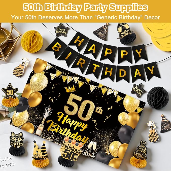 Happy 50th Birthday Party Decoration: Including Birthday Banner Backdrop, Party Table Centerpieces and Hanging Swirl Party Streamers, Birthday Decor for Men and Women (Gold/Black, 50th Birthday)