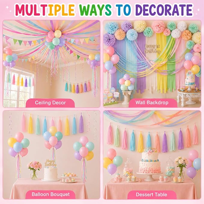 Sabary 40 Pcs Pastel Birthday Party Decorations Set, 738ft Pastel Crepe Paper Streamers, 6 Rainbow Pennant Banner Flags and 25 Pcs 12'' Macaron Balloons for Wedding Birthday Party Hanging Decor