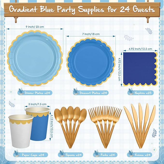 Mimorou 169 Pcs Royal Blue and Gold Party Supplies for 24 Guests, Gradient Blue Scalloped Paper Plates Napkins Cups Gold Cutlery for Ocean Sea Graduation Baby Shower Birthday Wedding Party Decorations