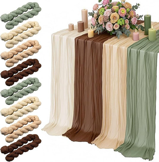 8 Pcs Sage Green and Brown Cheesecloth Table Runner Boho Gauze Cheese Cloth Runner 118" Rustic Table Decor for Woodland Baby Shower Wedding Bridal Jungle Safari Birthday Party Home Arbor Decorations