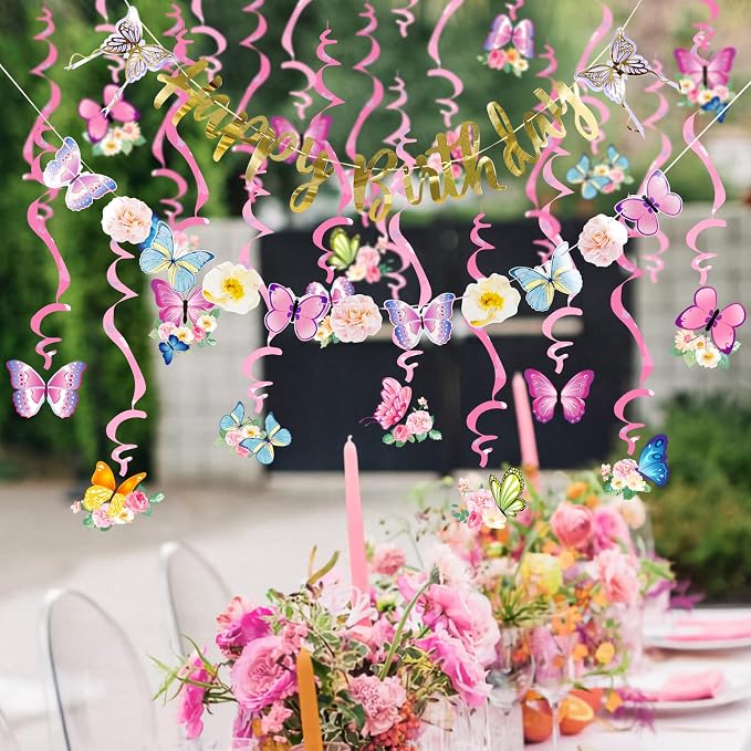 SUNBEAUTY 22PCS Butterfly Birthday Party Decorations Pre-strung Birthday Banner Garland for Women & Girls Colorful Butterfly Hanging Swirls Decorations Summer Themed Ceiling Decor for Kids Bday party