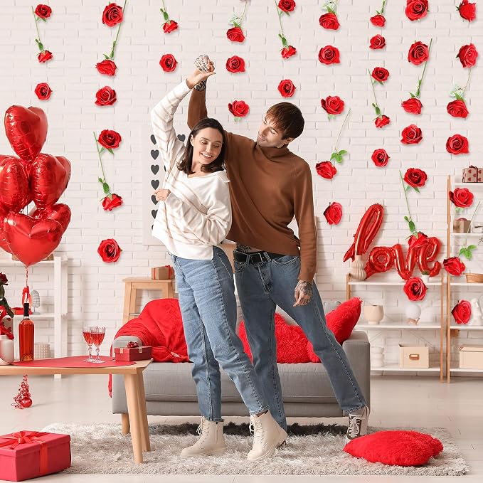 Suncalla 40 Pcs Artificial Rose Flower Hanging Decorations Set DIY Hanging Fake Roses Garlands with Hooks Wedding Party Decorations for Anniversary Background Themed Party(Red)