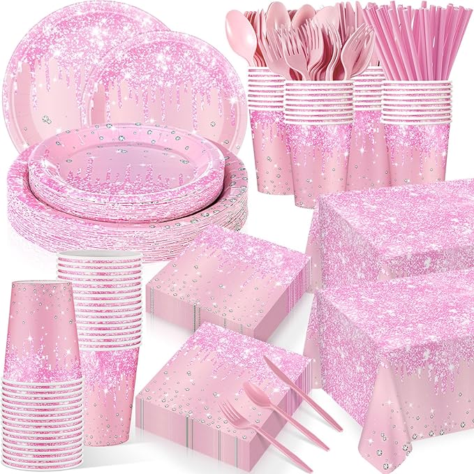 Funnymoom 452 Pcs Pink Birthday Party Decoration Include Light Pink Glitter Paper Plates Napkins Cups Tablecloth Cutlery Straws Diamond Tableware for Wedding Baby Shower Graduation Party Supplies