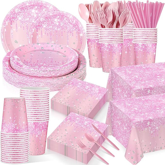 Funnymoom 452 Pcs Pink Birthday Party Decoration Include Light Pink Glitter Paper Plates Napkins Cups Tablecloth Cutlery Straws Diamond Tableware for Wedding Baby Shower Graduation Party Supplies