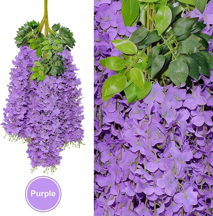 U'Artlines 12 Pack(Total 86.4 Feet) Artificial Fake Wisteria Vine Rattan Hanging Garland Silk Flowers String Home Party Wedding Decor (12, Purple)
