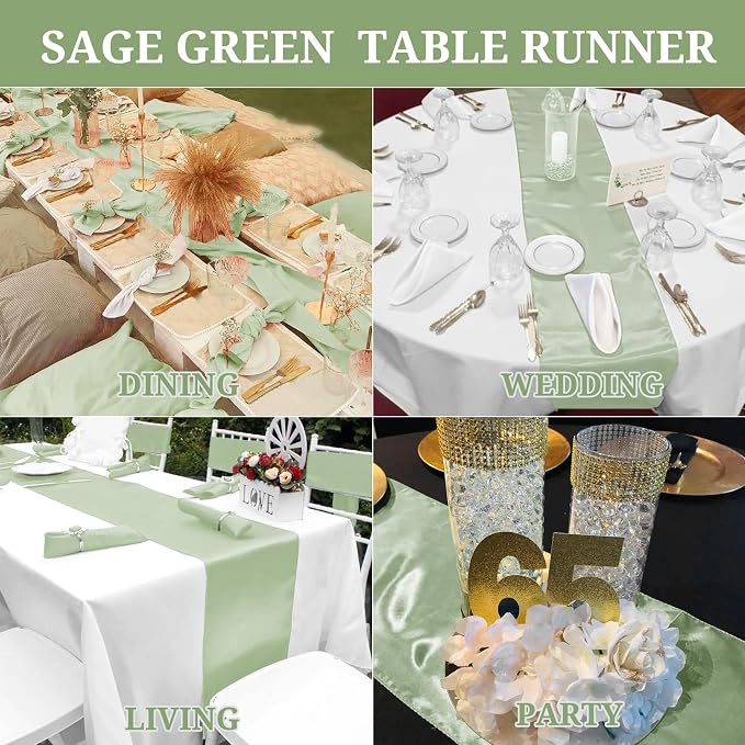 15 Pack Satin Table Runners 12 x 108 Inch Long, Sage Green Table Runners for Rectangle Round Tables,Smooth Satin Table Runner for Wedding,Birthday Party Banquets Graduation Engagements Decoration
