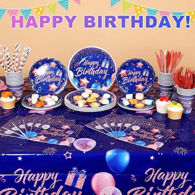 Norme 176 Pcs Navy Blue and Rose Gold Birthday Tableware Set for Women Birthday Decoration Includes Tablecloth Paper Plates Napkins Paper Cups Forks Knifes Straws for 25 Guests Party Supplies (Bright)