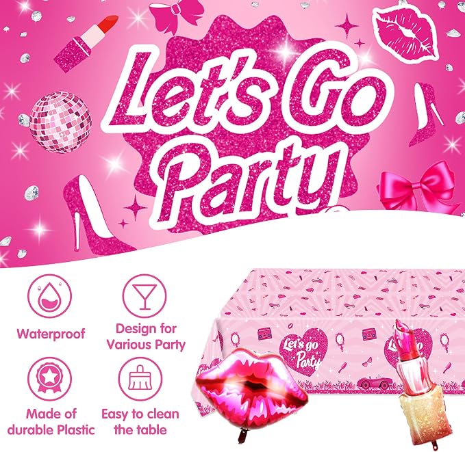 Hot Pink Party Decorations For Girls,Banner,Pink Balloons,Tablecloth,Paper pom poms Party Supplies for Women