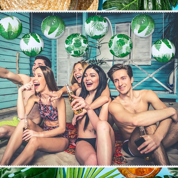 Panelee 12 Pcs Tropical Party Decorations Palm Leaves Paper Lanterns 8 Inch Hawaii Luau Summer Hanging Round Lanterns Decorations for Tropical Party Indoor Outdoor Decor