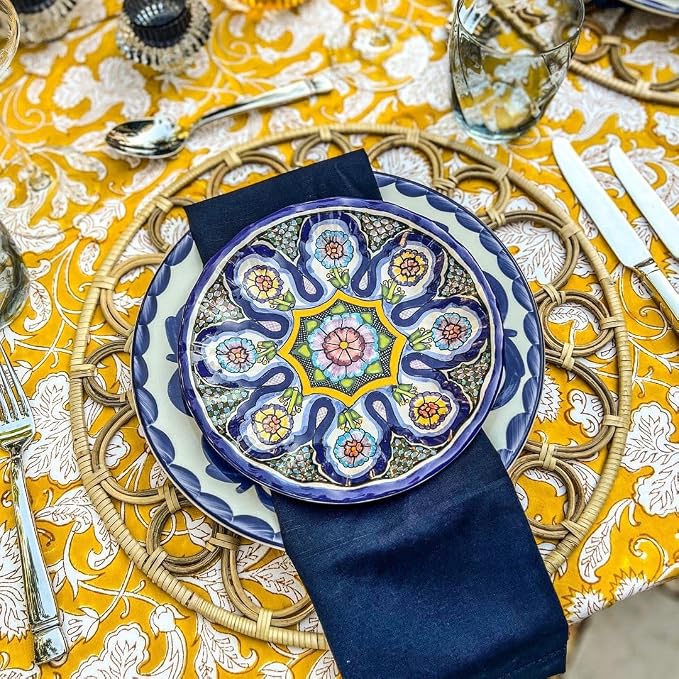 Ridhi Saffron Yellow Hand Block Print Cotton Rectangle Tablecloth 120" x 80" inches Reusable Table Cover Decorative Everyday Use for Dining Room, Farmhouse, Home Gift for Spring, Mother's Day