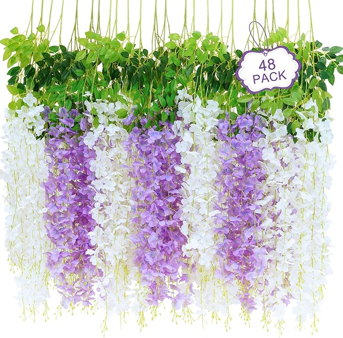 48Pcs Artificial Wisteria Hanging Flowers, 3.6Ft/Pcs White & Purple Fake Wisteria Garland for Wedding Party Home Garden Indoor Outdoor Decoration