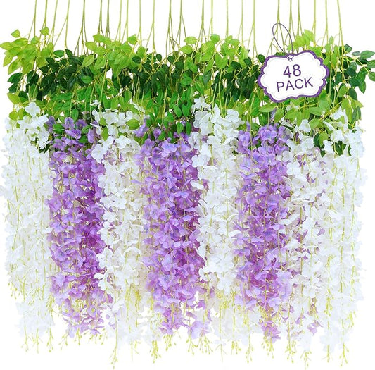 48Pcs Artificial Wisteria Hanging Flowers, 3.6Ft/Pcs White & Purple Fake Wisteria Garland for Wedding Party Home Garden Indoor Outdoor Decoration
