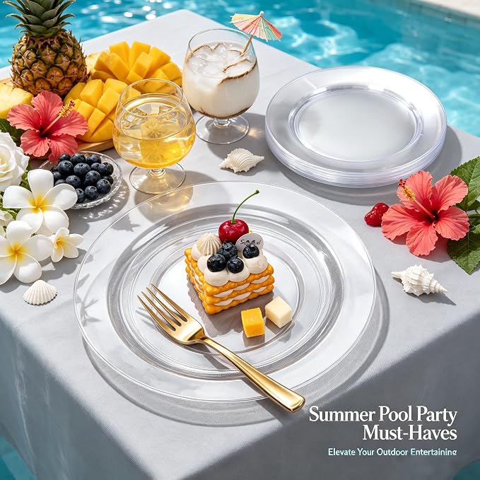 FLOWERCAT 60PCS Clear Plastic Plates - Disposable Clear Plates Heavy Duty for Summer Party/Wedding/Birthday- Include 30PCS 10.25inch Dinner Plates and 30PCS 7.5inch Dessert/Salad Plates