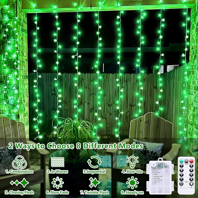 QITONG String Lights Battery Operated, 2 Pack Each 33ft 100 LED Green Halloween Lights Outdoor Waterproof, 8 Modes Clear Wire Christmas Twinkle Fairy Lights Indoor with Remote
