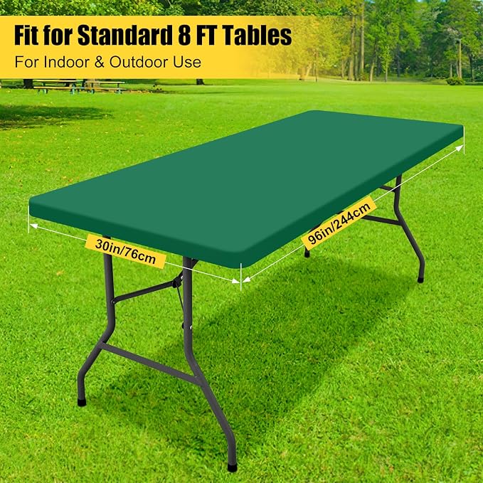 Smiry 3 Pack Rectangle Table Cloth, Elastic Fitted Flannel Backed Vinyl Tablecloths for 8ft Folding Tables, Waterproof Wipeable Table Covers for Outdoor, Camping and Picnic (Emerald Green, 30"x96")