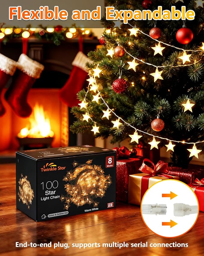 Twinkle Star 100 LED Star String Lights Plug in 33FT, Warm White | Plug In, Waterproof, Indoor Outdoor Use, Bedroom Wedding Party Ramadan Christmas Decor