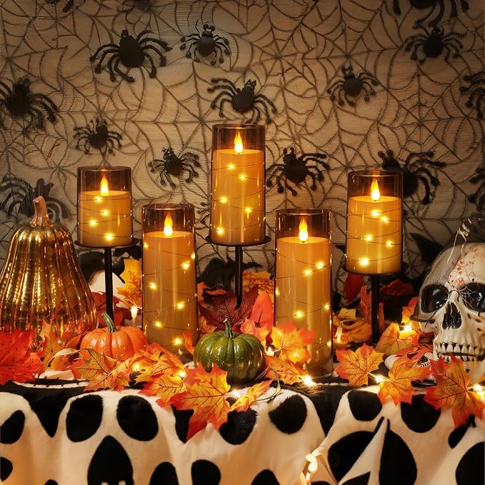 Homemory Flameless Candles with Embedded Star String Fairy Lights, Battery Operated Candles, LED Candle, Fake Candles with Remote Control and Timer for Halloween, Gray Acrylic, Set of 5(H4"5"6"8"8")