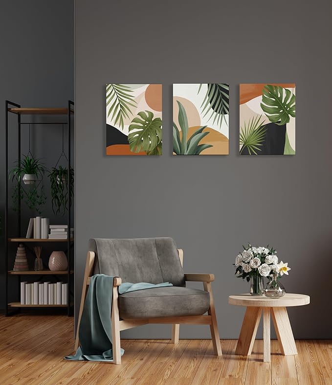 LiTiu Abstract Boho Tropical Monstera Palm Leaf Canvas Wall Art Decor,Mid Century Modern Framed Wall Art Canvas Prints Decor,15”x 23”Set of 3,Minimalist Boho Decorations For Home Girls Bedroom Bathroom Office