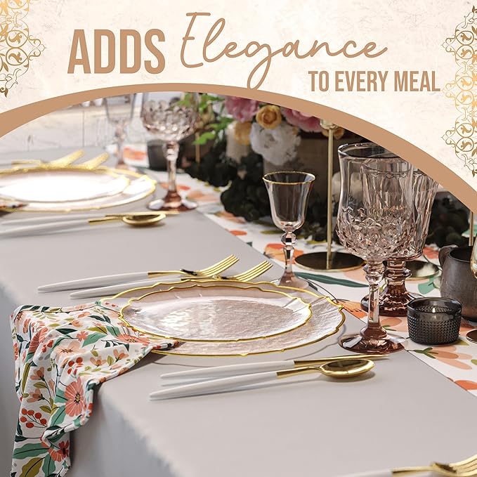 Exquisite Tinted Plates - 40 Piece Plastic Disposable Party Set for 20 Guests - 20 X 7.5 Dessert & 20 X 10 Thin Delicate Fancy Plates - Coral Peach with Gold Rim