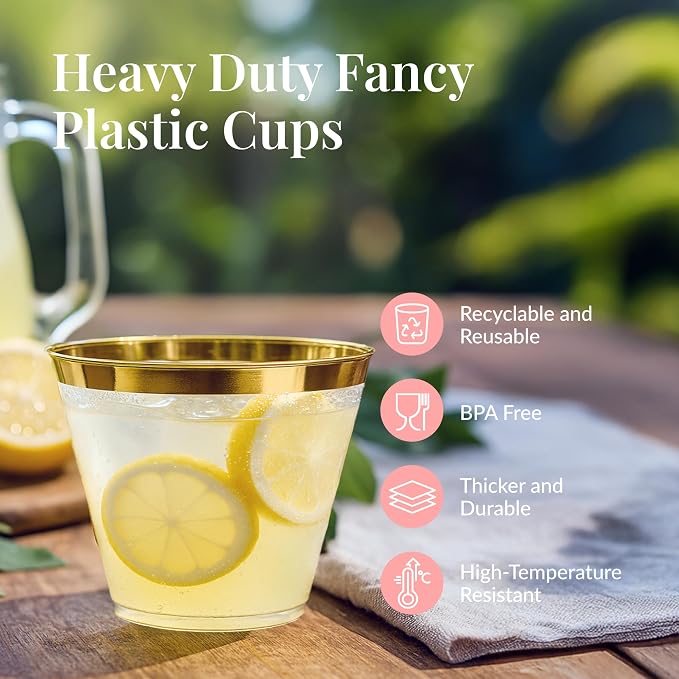 Prestee Hard Disposable Cups - Heavy Duty Fancy Plastic Cups - Plastic Cocktail Drinkware - Disposable Drinking Cup 9 oz - Bulk Drinking Glasses for Wedding - 200ct Gold Tumblers (Pack of 2)