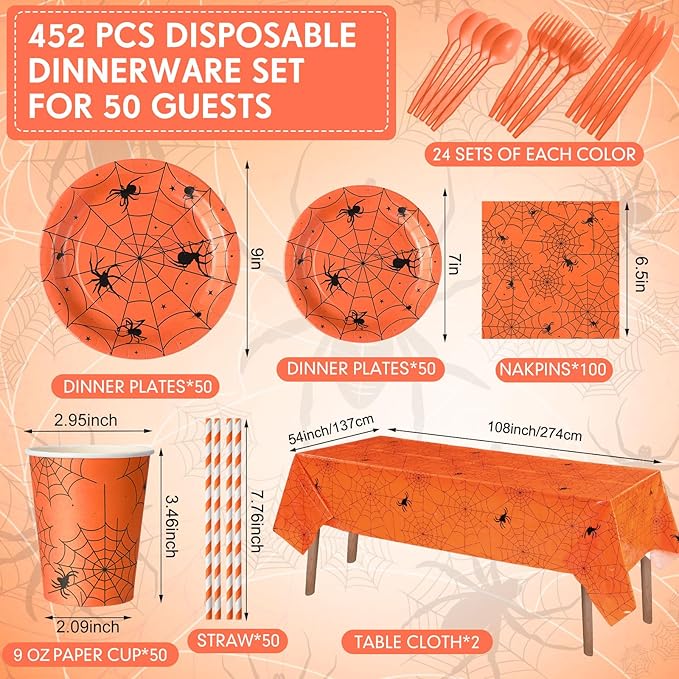 Funnymoom 452 Pcs Halloween Spiderweb Supplies Tableware for 50 Guests, Orange Spider Web Paper Plates Napkins Cups Tablecloth Cutlery Straws for Spiderweb Halloween Birthday Party Decoration