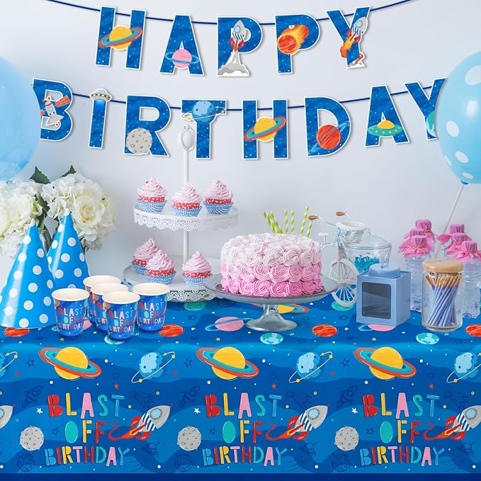 Outer Space Party Supplies - Solar System Planet-Themed Disposable Paper Plates, Napkins, Cups, Tablecloth, and Banner: Ideal Galaxy Space Birthday Decorations for Party of 25