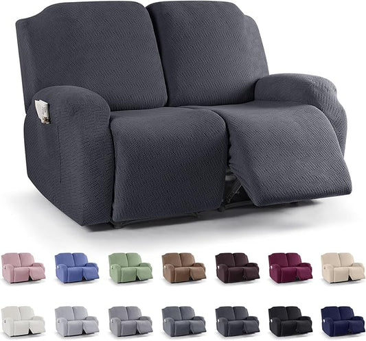 KinCam Recliner Covers, Stretch Reclining Chair Covers, Recliner Sofa Slipcovers Stripe Jacquard Recliner Couch Covers Furniture Protector Covers for Pet Kid (2 Seater, Deep Gray)
