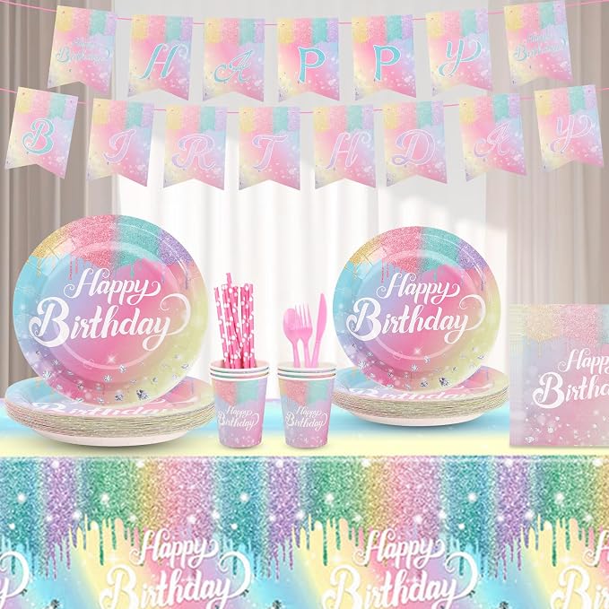Rainbow Birthday Party Supplies 194 Pcs Disposable Party Decorations Includes Paper Plates, Napkin, Fork, Knives Spoons Cups, Tablecloth, Banner Straws for Mermaid Themed Events Serves 24