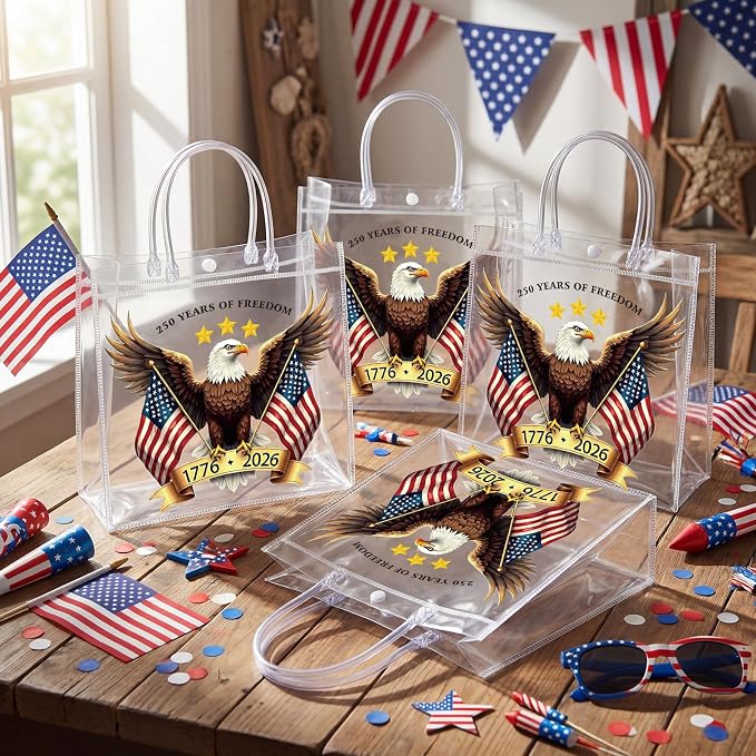 Teenyyou 24 Pcs 250th Anniversary Clear Gift Bags with Handles 4th of July Patriotic USA Eagle Transparent Tote Bags Memorial Day Goodie Candy Treat Gift Container for Independence Day Party Supplies