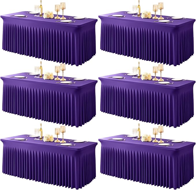 6 Packs Purple Table Clothes for 6 Foot Rectangle Tables, One-Piece Wrinkle Resistant Stretch Spandex Table Covers with Skirt for Event Banquet Wedding Birthday Party