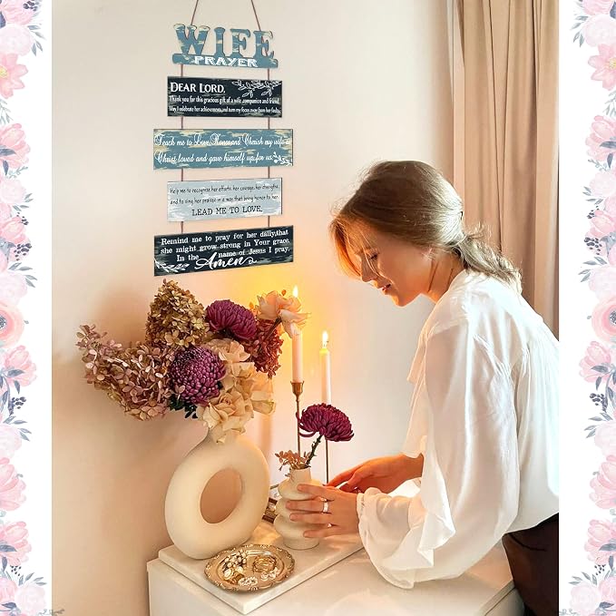 Prayer for Wife Rustic Wall Sign with 5pcs Panels Strung Together - Christian Religious Farmhouse Hallway Family Decor - Sweet Warming Gifts for Women,Couples