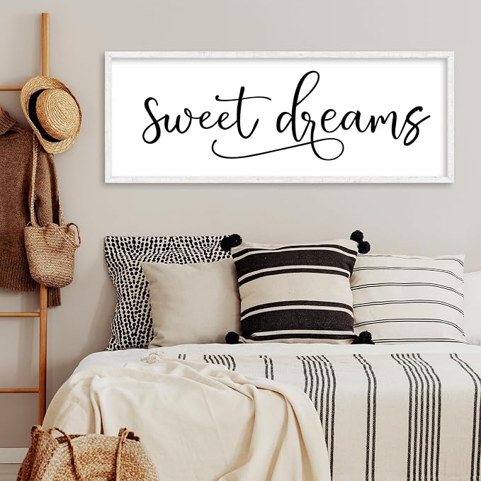 YWJKWLGS Sweet Dreams Wall Decor Signs Above Bed Bedroom Wall Art Over Bed | 40x15 Inch Farmhouse Handwritten Art Large Rustic White Wood Framed Master Guest Room Kids Room Wall Hanging