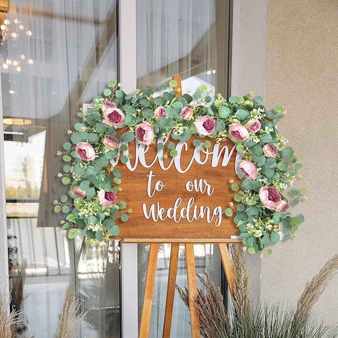 SOMYTING Artificial Flowers Garland 6FT Eucalyptus Flower Garlands Vintage Peony Rose Vine Faux Floral Garland for Wedding Party Arch Table Wall Backdrop Decoration (Vintage Pink, 4PCS)