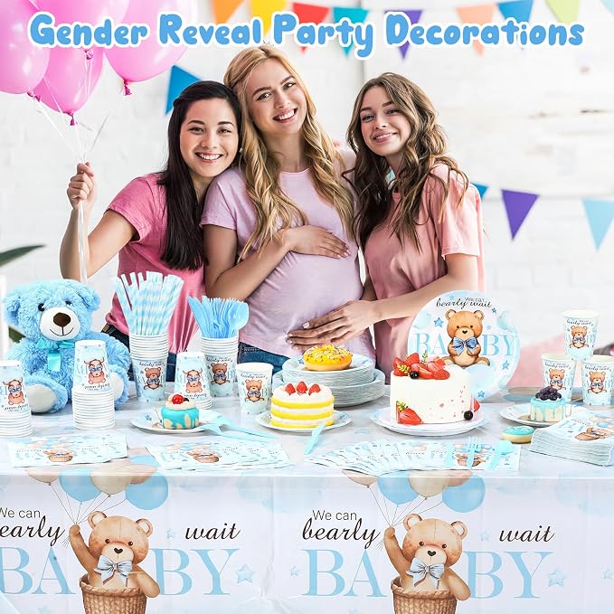 Funnymoom 452 Pcs 50 Guests We Can Bearly Wait Baby Shower Decorations Boy, Blue Baby Boy Shower Paper Plates Napkins Cups Tablecloth Cutlery Straws Tableware Set for Gender Reveal Party Supplies