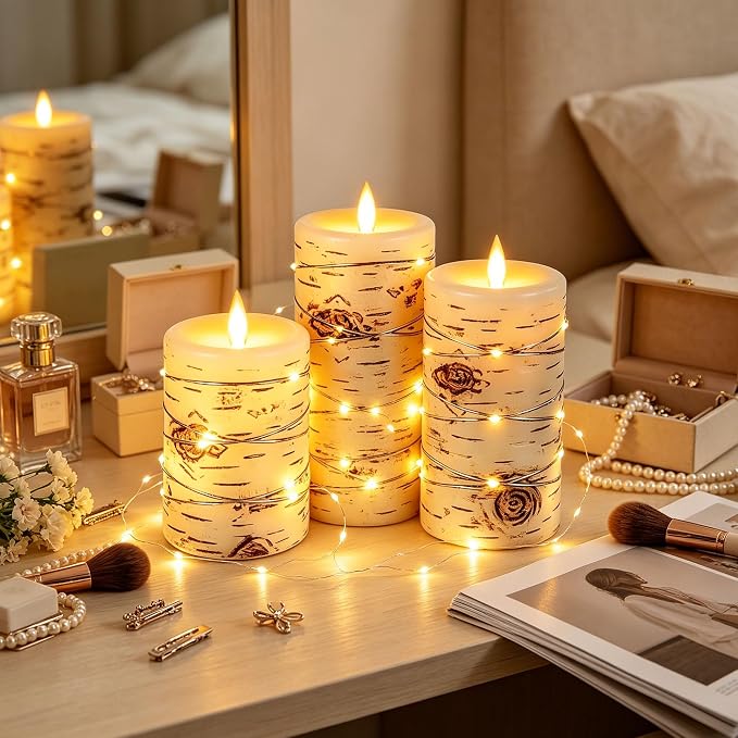 Da by 3 Pack Birch Bark Real Wax Flameless Candles, Flickering LED Taper Candles with Copper String Lights, Battery Operated Candles with Remote for Farmhouse Wedding Home Decor