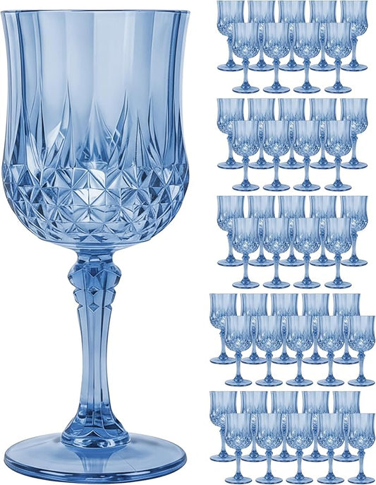Plastic Wine Glasses Set, 7oz Vintage Goblets Shatterproof Unbreakable Reusable & Disposable, Drinking Glasses with Stem, for Wedding Outdoor Dinner Easter Party (48pcs, Blue)