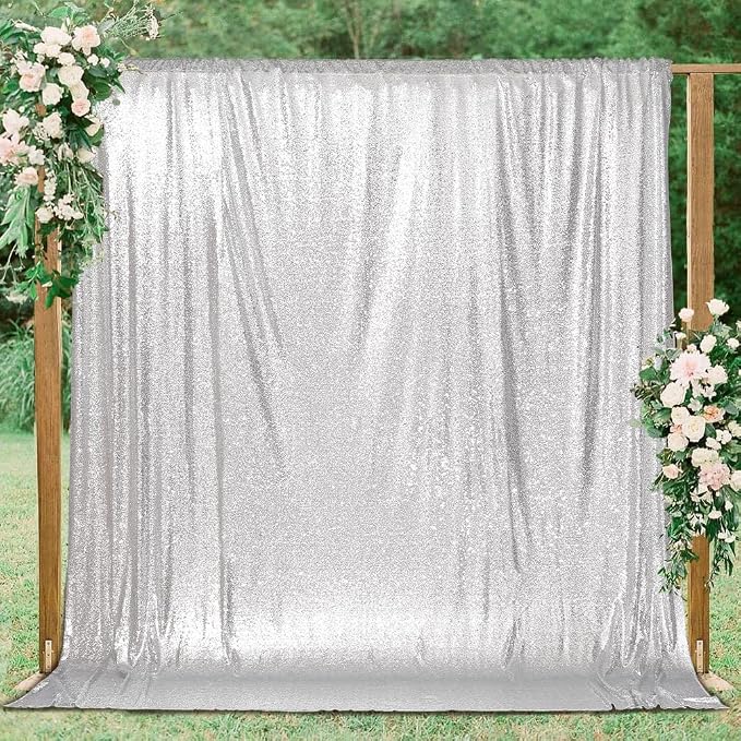 PartyDelight Silver Sequin Backdrop Curtains 6x8ft | 3mm stitched sequin curtain with 4 inch rod pocket for 6x8ft photo booth wall ceremony backdrop party wall and stage display